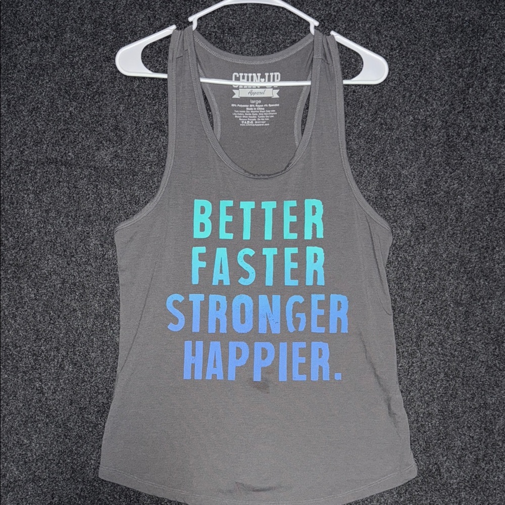 Chin Up Apparel Gray Tank Top with Blue and Green Text